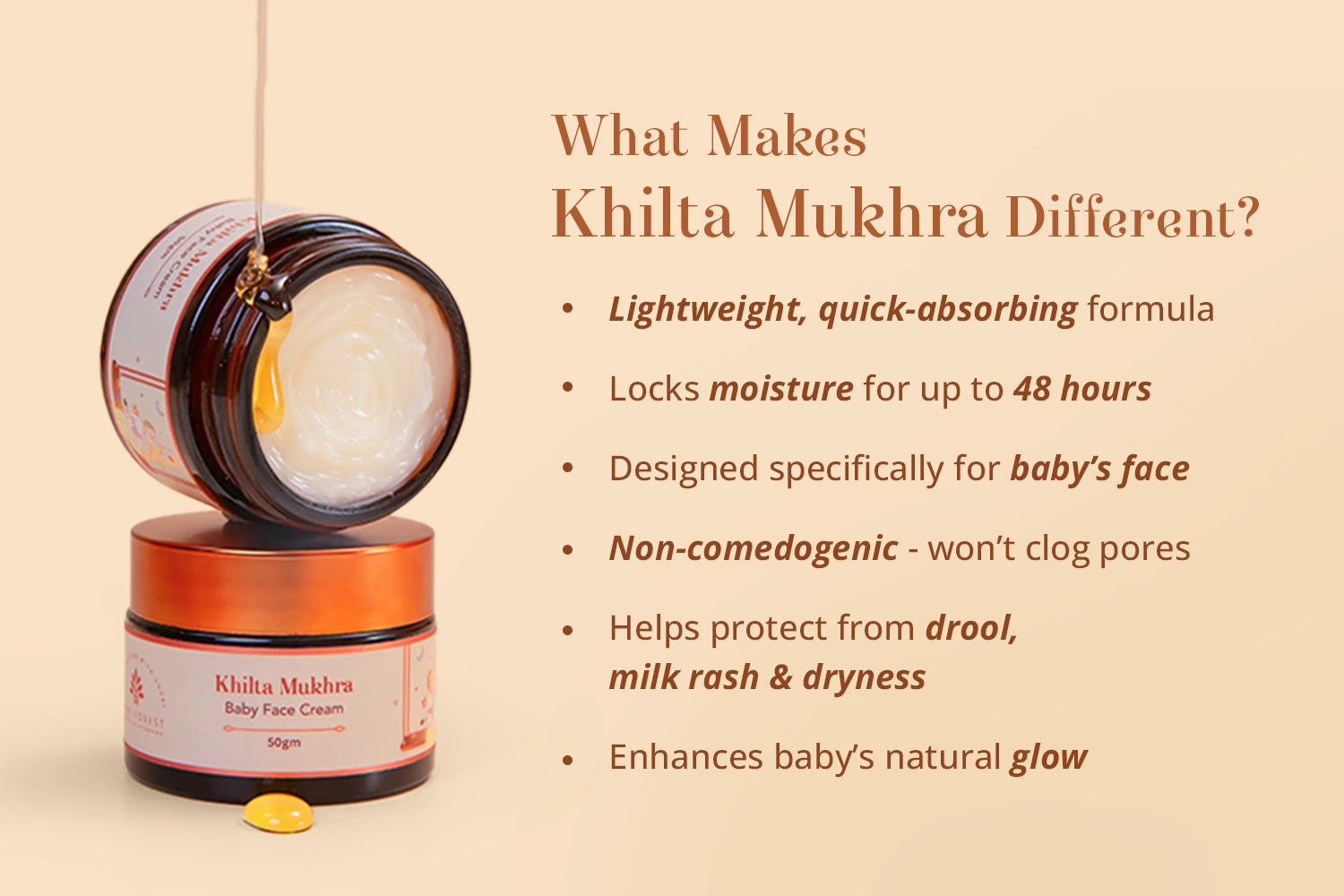 Promotional graphic for Khilta Mukhra Baby Face Cream - What makes khilta mukhra different?