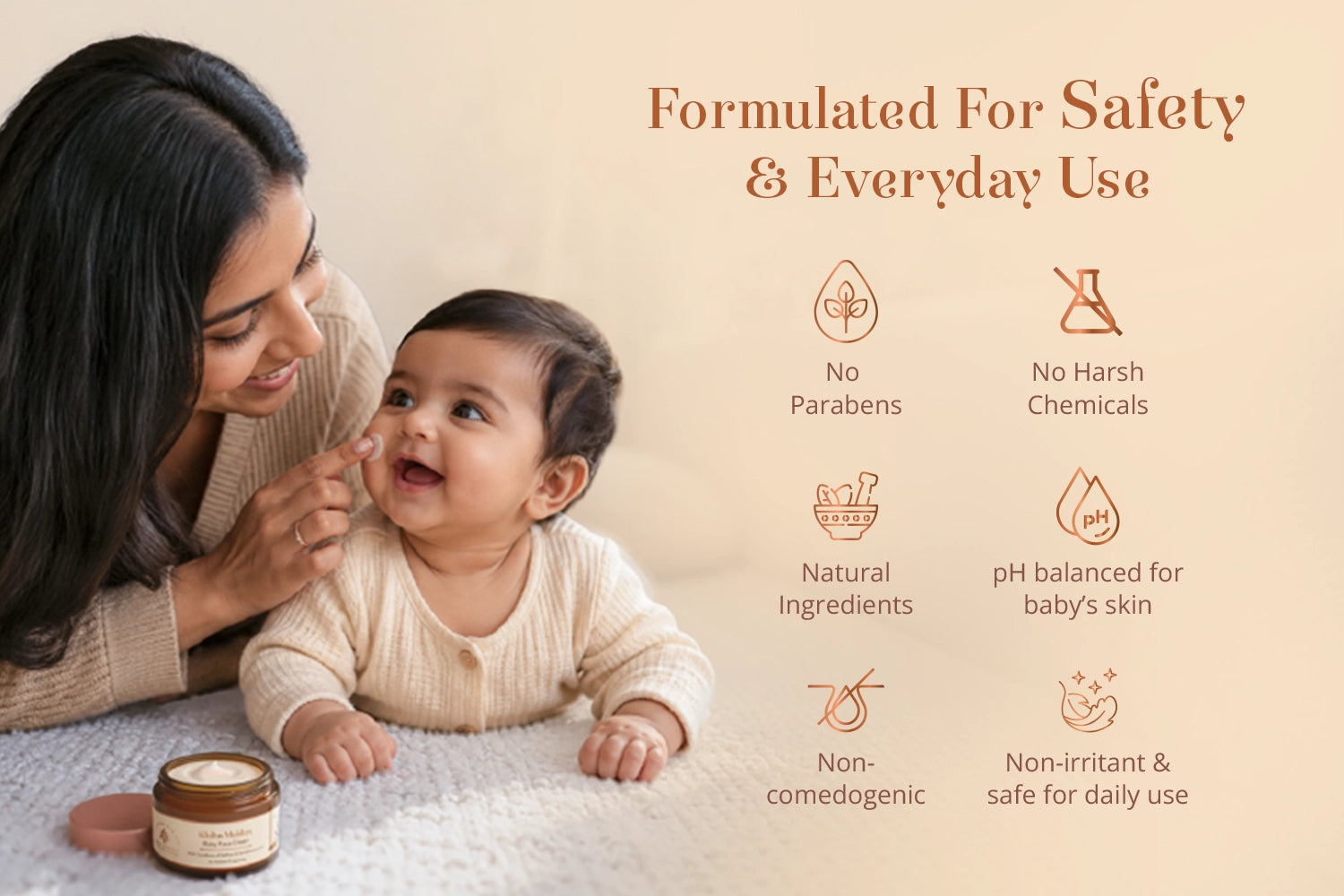 Khilta Mukhra Baby Face Cream- 'Formulated For Safety & Everyday Use' and feature icons for no parabens, no harsh chemicals, natural ingredients, pH balanced for baby's skin, non-comedogenic, and non-irritant.