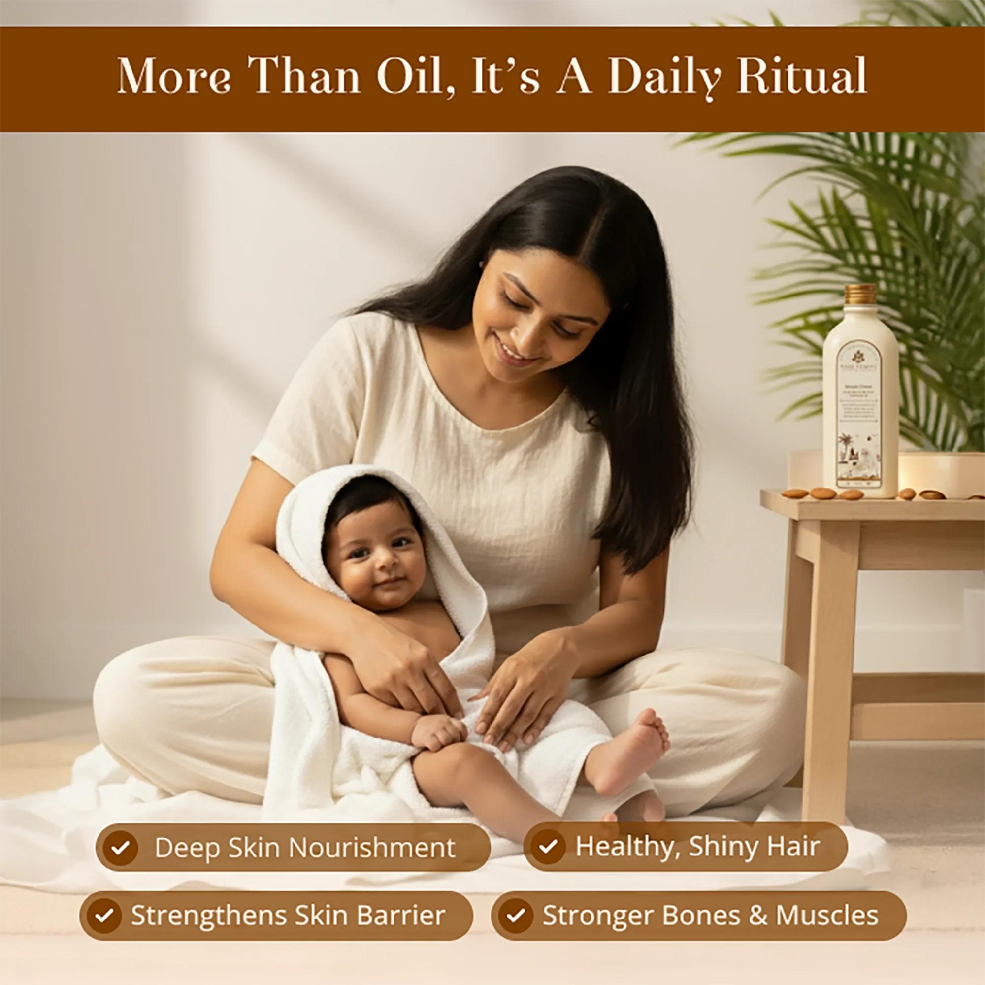 Badami Sneh- Organic Cold Pressed Almond Oil with Text "More than oil, it's a daily ritual"