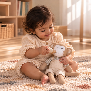 A toddler sits on a textured rug in a sunlit room, holding and feeding a plush monkey toy. The child wears a cream textured dress, and the scene includes a wooden shelf and basket in the background. 