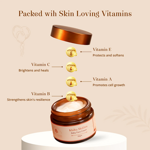 Khilta Mukhra Baby Face Cream 50g jar shown on a pedestal with floating vitamin icons and text highlighting Vitamin E, C, A, and B benefits on a beige background.