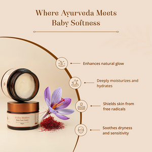 Khilta Mukhra Baby Face Cream jar shown on a beige promotional graphic with text reading 'Where Ayurveda Meets Baby Softness,' a purple flower, saffron threads, and feature callouts about glow, hydration, skin protection, and soothing.