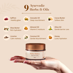 A hand holds a small jar of Khilka Mulhira Baby Face Cream against a warm beige background with text listing nine Ayurvedic herbs and oils such as saffron, avocado oil, cocoa butter, shea butter, almond oil, olive oil, licorice, coconut oil, and honey.