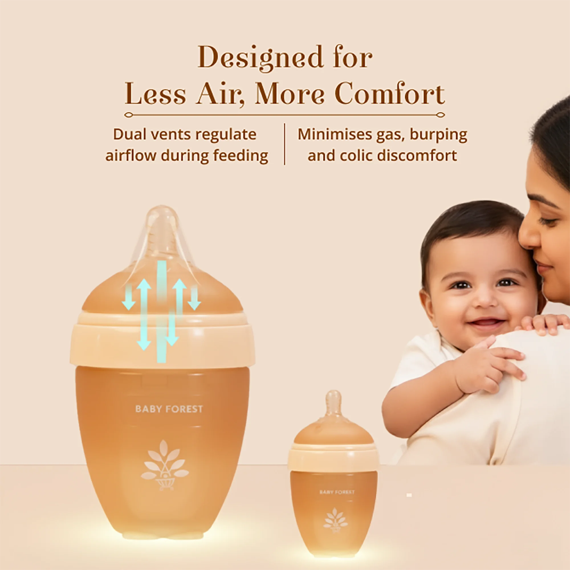 Baby Forest Laad Pyaar Baby Feeding Bottle with dual vent technology, shown in two sizes with a baby and mother on the right, on a warm beige background with promotional text.