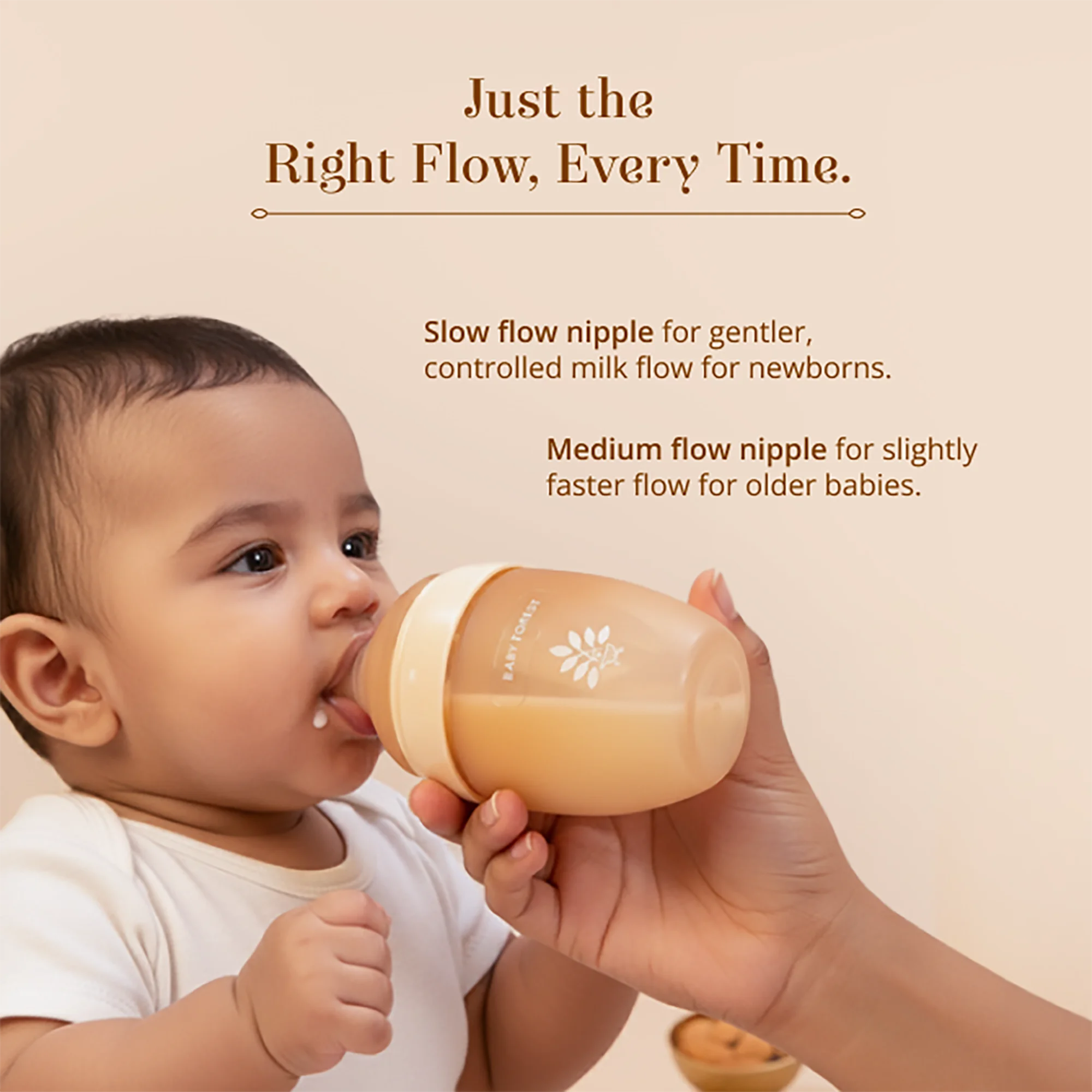 A baby is being fed from a Laad Pyaar Baby Feeding Bottle held by an adult hand against a warm beige background with promotional text.