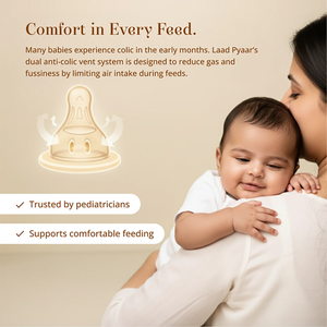 An illustration of a Laad Pyaar Baby Feeding Bottle's nipple with a vented collar is shown alongside marketing text about comfort in every feed and trusted by pediatricians.