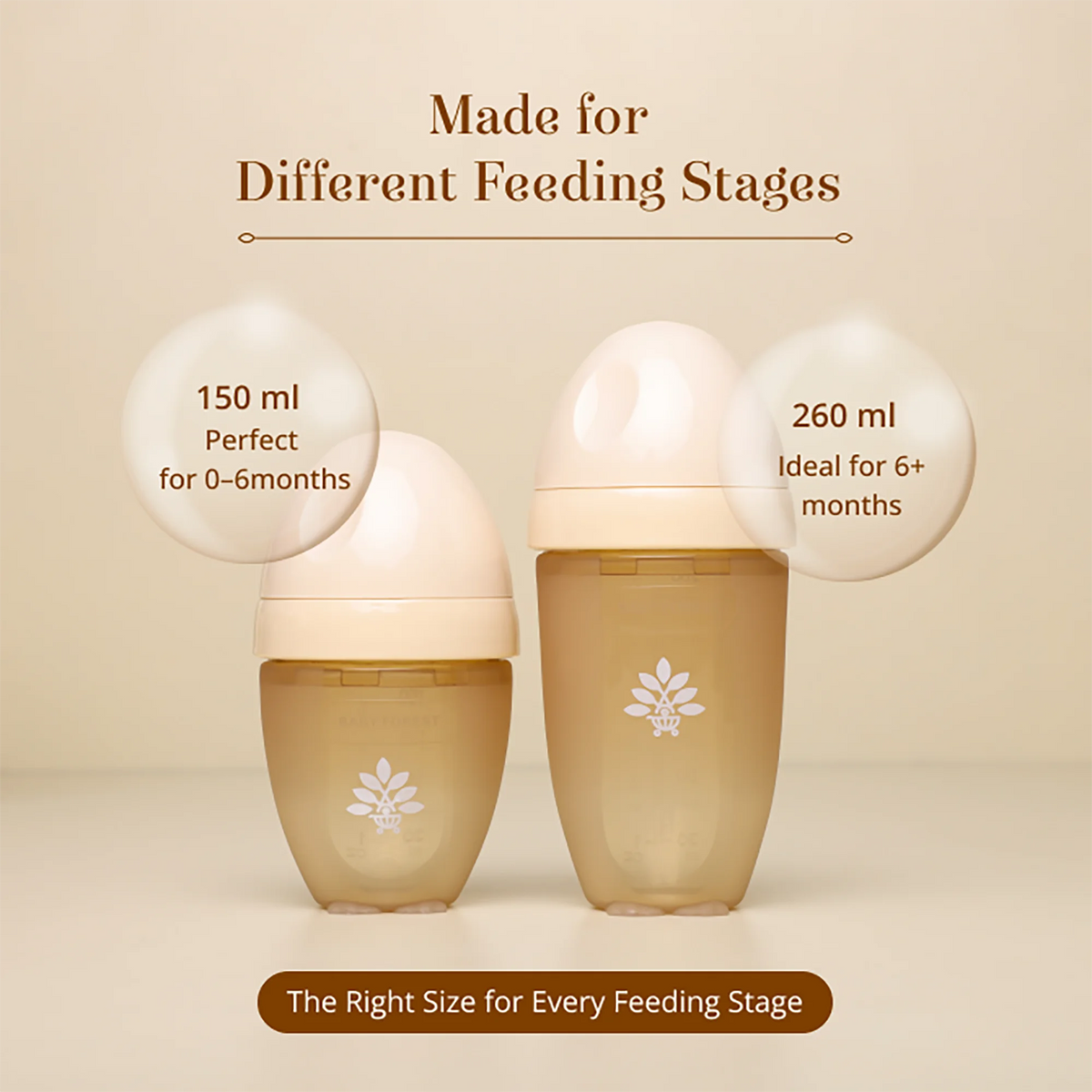 Two Laad Pyaar Baby Feeding Bottles shown on a warm beige background with text indicating size options: a 150 ml bottle for 0-6 months and a 260 ml bottle for 6+ months. The bottles are translucent amber-brown with white caps and a Baboy Forest logo.