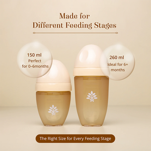 Two Laad Pyaar Baby Feeding Bottles shown on a warm beige background with text indicating size options: a 150 ml bottle for 0-6 months and a 260 ml bottle for 6+ months. The bottles are translucent amber-brown with white caps and a Baboy Forest logo.