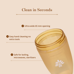 A beige promotional graphic with the headline 'Clean in Seconds' and callout text highlighting product features: ultra-wide 65 mm opening, easy hand cleaning without extra tools, and safe for boiling, microwaves, and sterilizers. A translucent Laad Pyaar Baby Feeding Bottle is shown on the right side.