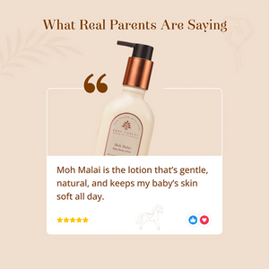 A promotional graphic with the headline 'What Real Parents Are Saying' above a product review card. The card shows a Moh Malai Baby Body Lotion and includes a quote about the lotion being gentle and natural, plus star ratings and social-style icons on a beige background.