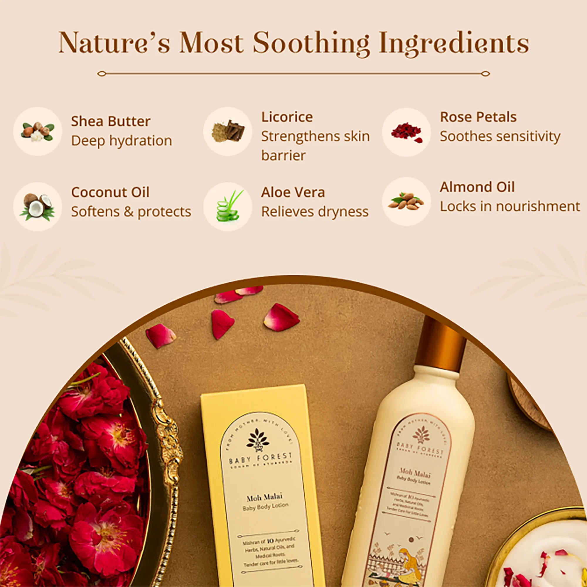 Baby Forest Moh Malai Baby Body Lotion  and box displayed on a warm beige background with decorative rose petals and ingredient callouts above, including shea butter, licorice, rose petals, coconut oil, aloe vera, and almond oil.
