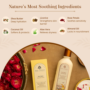 Baby Forest Moh Malai Baby Body Lotion  and box displayed on a warm beige background with decorative rose petals and ingredient callouts above, including shea butter, licorice, rose petals, coconut oil, aloe vera, and almond oil.