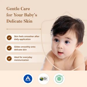Promotional graphic for a baby skincare product with a close-up photo of a baby on the right and text on the left reading 'Gentle Care for Your Baby's Delicate Skin,' plus three benefit bullet points and three certification logos at the bottom. 
