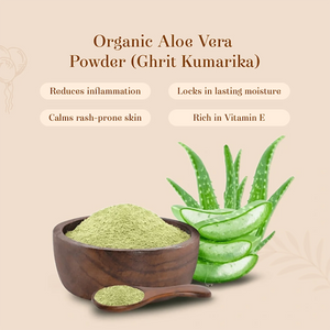 Organic Aloe Vera Powder (Ghrit Kumarika) shown as a green powder in a wooden bowl and spoon, with sliced aloe vera leaves beside it on a beige background with descriptive text. Ingredients for Moh Malai Baby Body Lotion