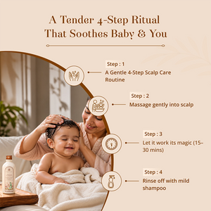 An informational marketing graphic for a baby scalp care routine. The left side features a warm-toned photo of a woman massaging hair a baby, with text and icons outlining a four-step ritual: gentle routine, massage into scalp, let it work (15-30 mins), and rinse with mild shampoo. Baby Forest Nanhi Champi Baby Hair Massage Oil