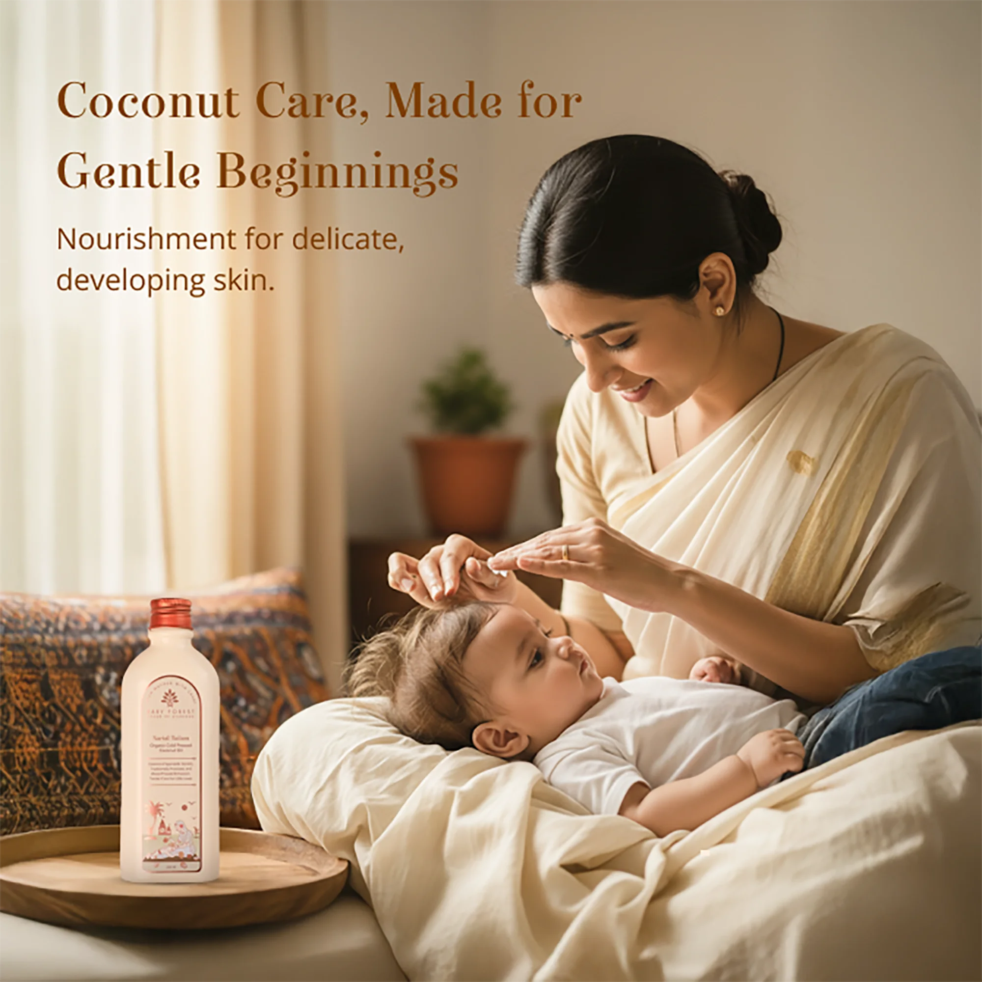 Woman and child in a cozy room with a bottle of Narial Tailam- Organic Cold Pressed Coconut Oil.