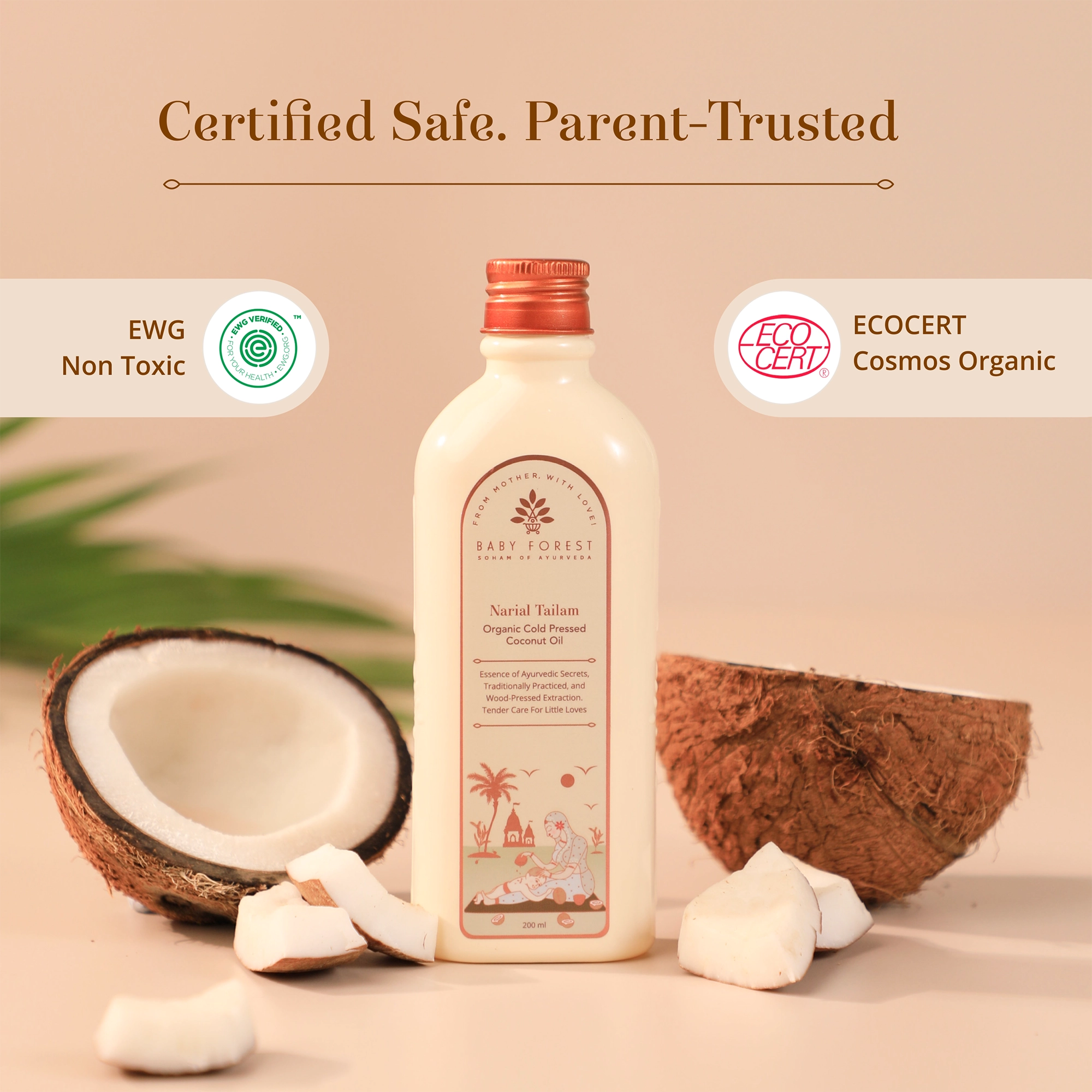 A bottle of Narial Tailam- Organic Cold Pressed Coconut Oil is displayed on a beige background with decorative coconuts. The image includes marketing text and badges for 'Certified Safe. Parent-Trusted'