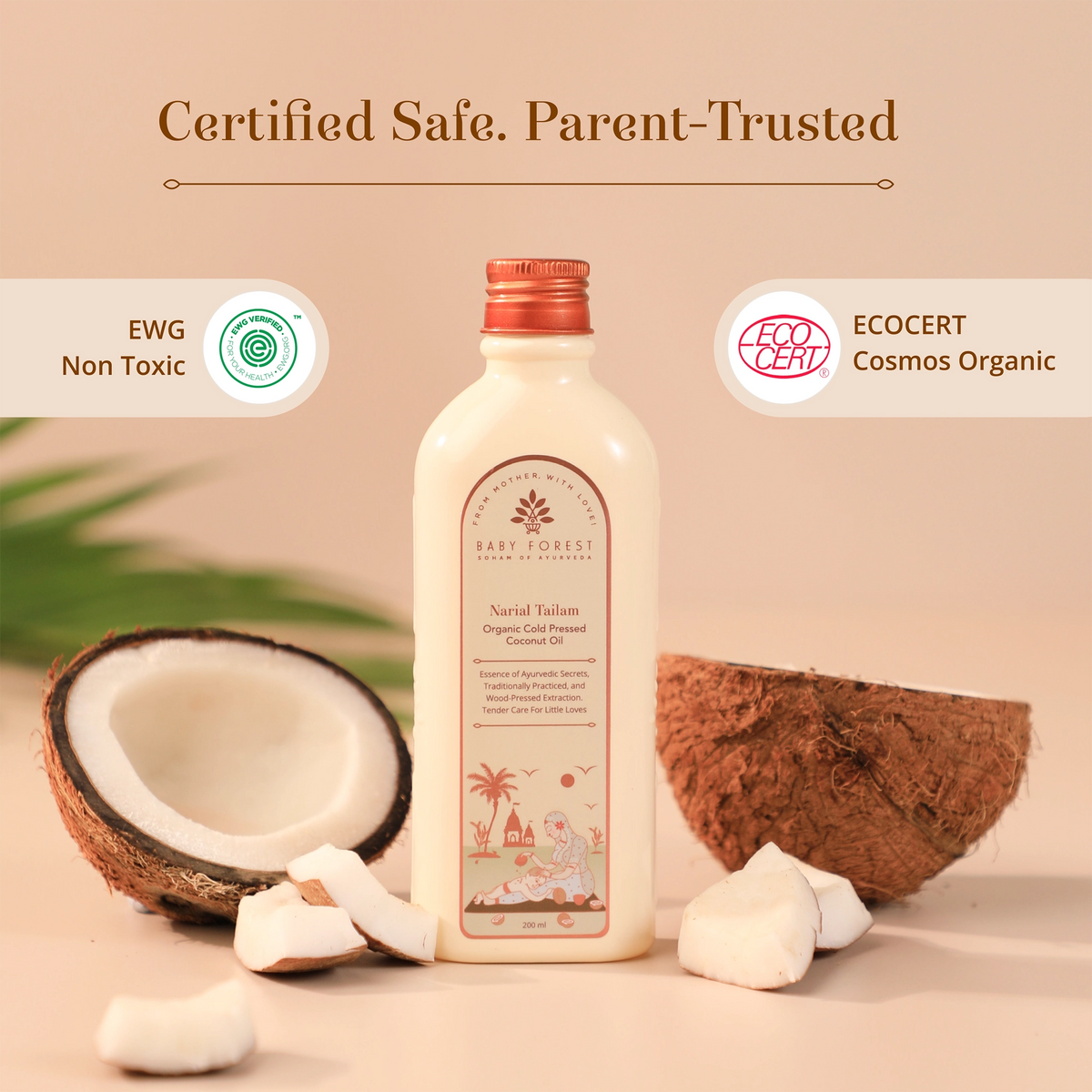 A bottle of Narial Tailam- Organic Cold Pressed Coconut Oil is displayed on a beige background with decorative coconuts. The image includes marketing text and badges for 'Certified Safe. Parent-Trusted'