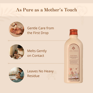 Narial Tailam- Organic Cold Pressed Coconut Oil Nourishing Scalp shown on a warm beige promotional background with three benefit callouts and circular lifestyle photos.