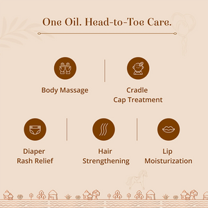 An infographic-style product benefit graphic on a warm beige background with brown text and icons. The headline reads 'One Oil. Heas-to-Toe Care.' Narial Tailam- Organic Cold Pressed Coconut Oil