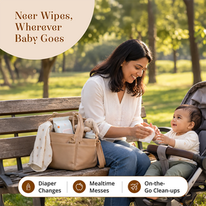 A woman sits on a park bench with a baby in a stroller beside a beige diaper bag filled with baby items including Neer 99.9% Water Baby Wipes. The scene is outdoors in a sunny park, with text reading 'Neer Wipes, Wherever Baby Goes' and feature icons for diaper changes, mealtime messes, and on-the-go clean-ups.