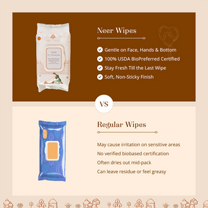 A promotional comparison graphic for Neer Wipes versus Regular Wipes. The top half shows a package of Neer Wipes on a dark brown background with text highlighting gentle use on face, hands, and bottom, USDA BioPreferred certification, staying fresh till the last wipe, and a soft non-sticky finish.