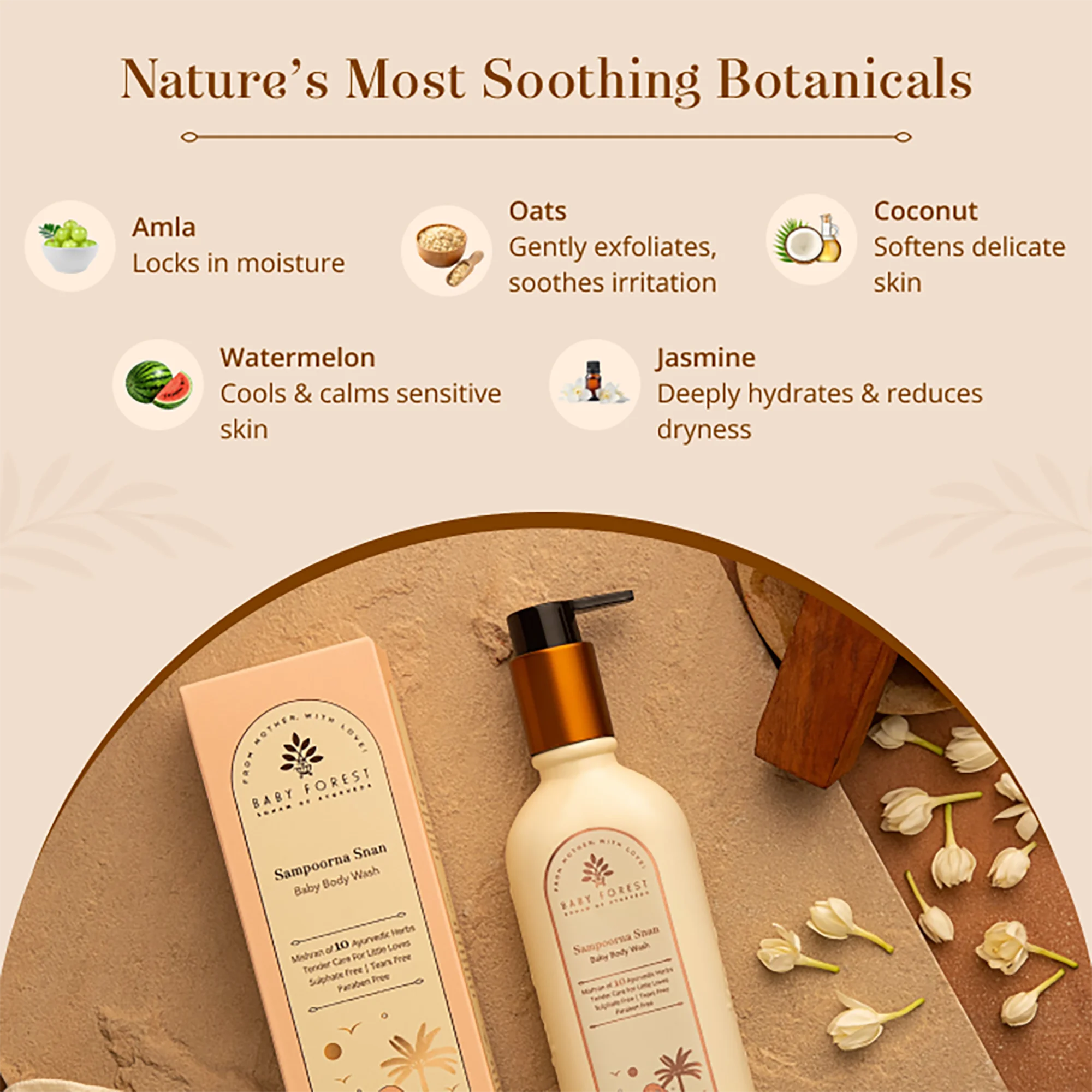 A botanical-themed skincare for Sampoorna Snan Baby Body Wash. The image features a bottle of the body wash with a black pump and metallic gold collar, placed next to its peach-colored box on a textured beige background with scattered jasmine flowers.