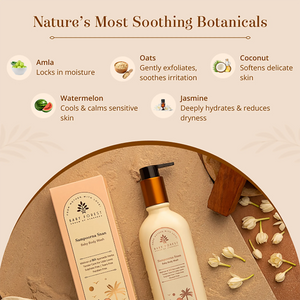 A botanical-themed skincare for Sampoorna Snan Baby Body Wash. The image features a bottle of the body wash with a black pump and metallic gold collar, placed next to its peach-colored box on a textured beige background with scattered jasmine flowers.