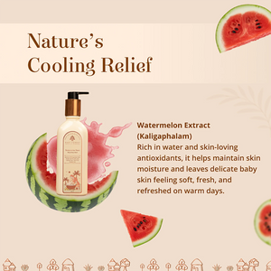 A bottle of cooling relief Sampoorna Snan Baby Body Wash centered on a warm beige background with watermelon graphics and descriptive text.