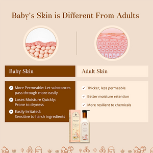An informational graphic comparing baby skin and adult skin, with two circular skin-layer diagrams at the top and text boxes describing differences. A Sampoorna Snan Baby Body Wash and matching box are shown at the bottom center on a beige background with decorative line art along the lower edge.