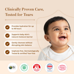 Promotional graphic for baby tear-free care with a smiling baby on the right and text on the left reading 'Clinically Proven Care, Tested for Tears' plus four benefit bullet points and several certification logos along the bottom.