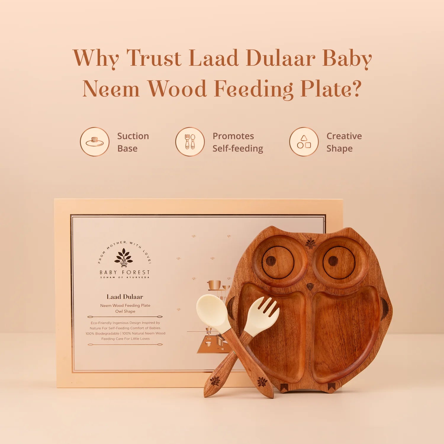 Laad Dulaar Baby Neem Wood Feeding Plate - Owl Shape image3