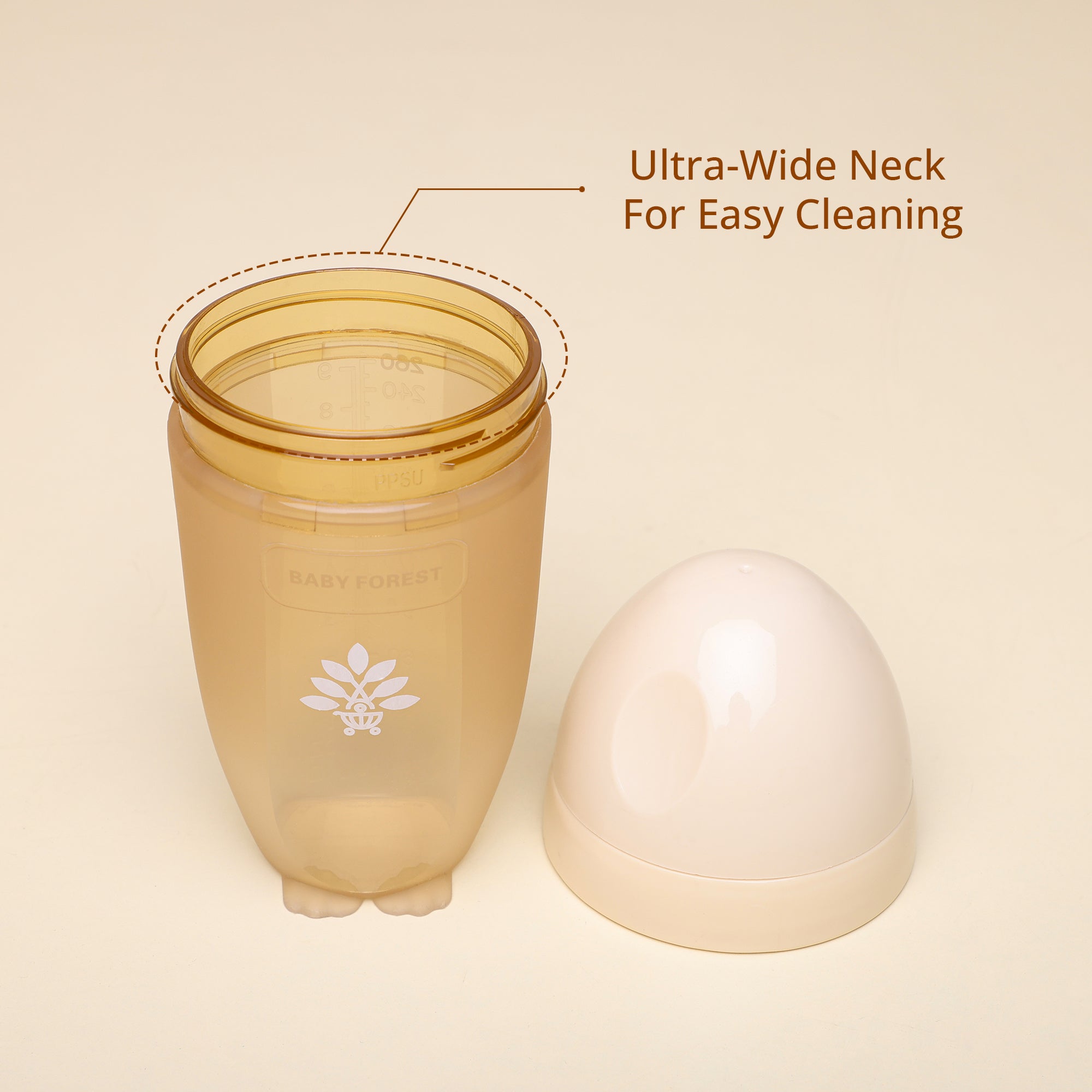 A Laad Pyaar Baby Feeding Bottle with a natural color, placed on a wooden surface.